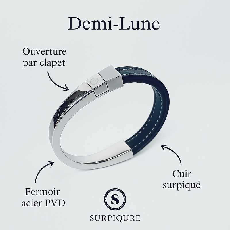 Bracelet Cuir Homme Femme | Surpiqure | Demi Lune - Bracelet cuir surpiqué